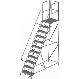 11 Step Steel Rolling Ladder with Rear Exit Walk Off Gate, 24"W X 30"D Platform, Serrated