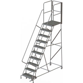 10 Step Steel Rolling Ladder with Rear Exit Walk Off Gate, 24"W X 30"D Platform Serrated