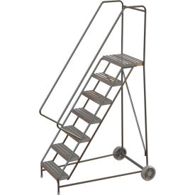 7 Step Aluminum Wheel-Barrow Style Rolling Ladder 24"W X 14"D Platform Ribbed Tread