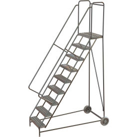 9 Step Aluminum Wheel-Barrow Style Rolling Ladder 24"W X 14"D Platform Ribbed Tread