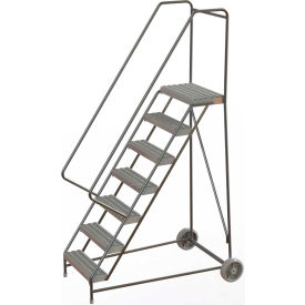 7 Step Aluminum Wheel-Barrow Style Rolling Ladder 24"W X 14"D Platform with Grip Strut Tread