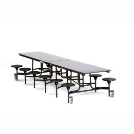 Mobile Cafeteria Table With Stools, 145"L x 59"W, Gray Top/Black Stools/Black Frame