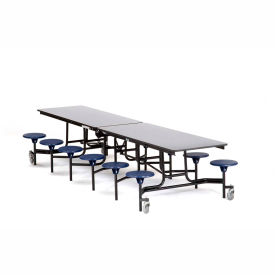 Mobile Cafeteria Table With Stools, 145"L x 59"W, Gray Top/Blue Stools/Black Frame