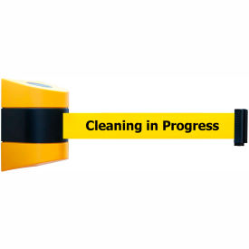 Wall Mount Retractable Belt Barrier, 30' Yellow "Cleaning" Belt, Yellow Case