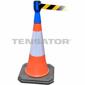 Safety Crowd Control, Queue Cone Topper, Blue With 7.5' Black/Yellow Retractable Belt