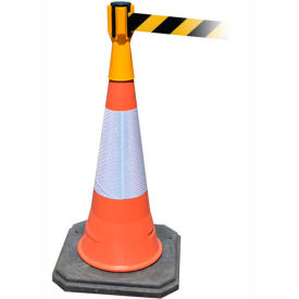 Safety Crowd Control, Queue Cone Topper, Yellow With 7.5' Black/Yellow Retractable Belt