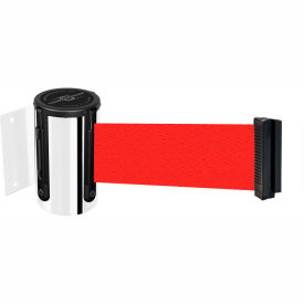 Wall Mount Retractable Belt Barrier, 13' Red Belt, Chrome Case