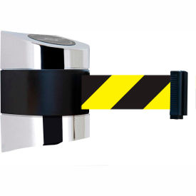 Wall Mount Retractable Belt Barrier, 15' Black/Yellow Belt, Chrome Case
