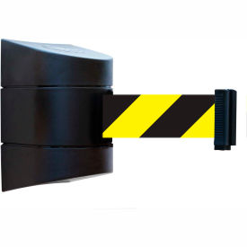 Wall Mount Retractable Belt Barrier, 30' Black/Yellow Belt, Black Case