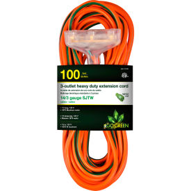 14/3 100' 3-Outlet Heavy Duty Extension Cord, Lighted End