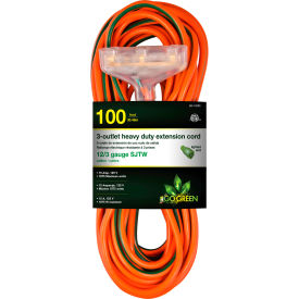12/3 100' 3-Outlet Heavy Duty Extension Cord, Lighted End