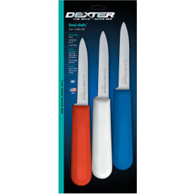 3 PK Paring Knives, High Carbon Steel, Stamped, Red/White/Blue, 3-1/4"L