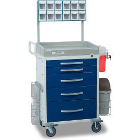 Loaded Rescue Series Anesthesiology Medical Cart, White Frame with 5 Blue Drawers