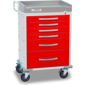 Rescue Series Emergency Room Medical Cart, White Frame with 6 Red Drawers