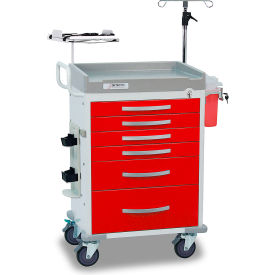 Loaded Rescue Series Emergency Room Medical Cart, White Frame with 6 Red Drawers