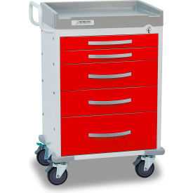 Rescue Series Emergency Room Medical Cart, White Frame with 5 Red Drawers