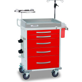 Loaded Rescue Series Emergency Room Medical Cart, White Frame with 5 Red Drawers