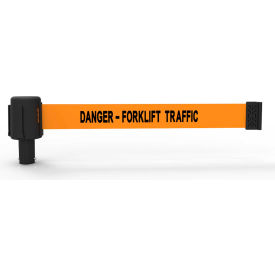 PLUS Wall Mount Retractable Belt Barrier, 15' Orange "Danger-Forklift Traffic" Belt