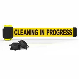 Magnetic Wall Mount Barrier, 7' Yellow "Cleaning In Progress" Belt