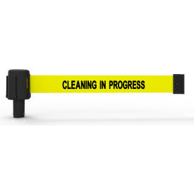 Wall Mount Retractable Belt Barrier, 15' Yellow "Cleaning In Progress" Belt