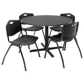 42" Round Table & Chair Set W/Standard Plastic Chairs, Gray Table/Black Chairs