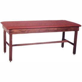 Wooden Treatment Table with H-Brace, Blue Upholstery, Natural Frame