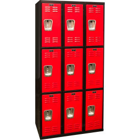 3-Tier 9 Door Tie Locker, 36"W x 18"D x 72"H, Black/Red, Assembled