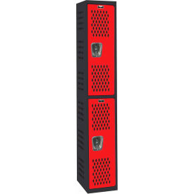 2-Tier 2 Door Gym/PE Ventilated Locker, 12"W x 18"D x 72"H, Black/Red, Assembled