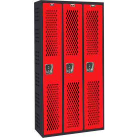 1-Tier 3 Door Gym/PE Ventilated Locker, 36"W x 18"D x 72"H, Black/Red, Assembled