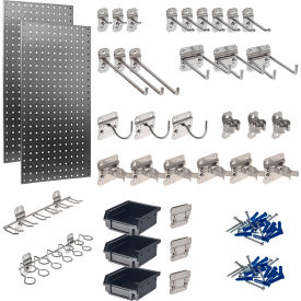 18"W x 36"H Stainless Steel Square Hole Pegboards with 32 LocHooks & 3 Bins