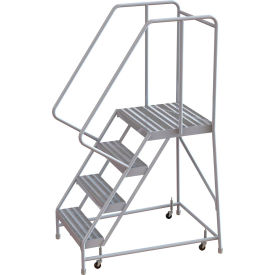 4 Step Aluminum Rolling Ladder, 24"W Ribbed Tread, 21"D Top Step, 32" Handrails