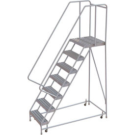 7 Step Aluminum Rolling Ladder, 16"W Ribbed Tread, 21"D Top Step, 32" Handrails
