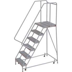 6 Step Aluminum Rolling Ladder, 16"W Ribbed Tread, 21"D Top Step, 32" Handrails