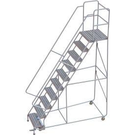 10 Step Aluminum Rolling Ladder, 24"W Ribbed Tread, 21"D Top Step, 32" Handrails - WLAR110244-D4