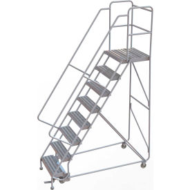 8 Step Aluminum Rolling Ladder, 24"W Ribbed Tread, 21"D Top Step, 32" Handrails