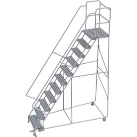 11 Step Aluminum Rolling Ladder, 24"W Ribbed Tread, 21"D Top Step, 32" Handrails - WLAR111244-D4