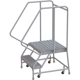 2 Step Aluminum Rolling Ladder, 16"W Grip Tread, 21"D Top Step, 32" Handrails