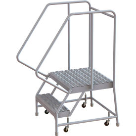 2 Step Aluminum Rolling Ladder, 24"W Grip Tread, 21"D Top Step, 32" Handrails