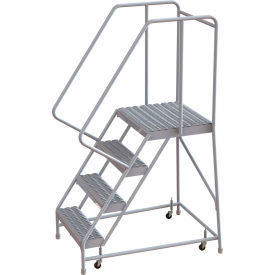 4 Step Aluminum Rolling Ladder, 24"W Grip Tread, 21"D Top Step, 32" Handrails