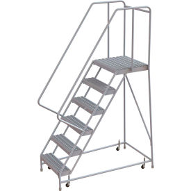 6 Step Aluminum Rolling Ladder, 16"W Grip Tread, 21"D Top Step, 32" Handrails