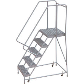 5 Step Aluminum Rolling Ladder, 24"W Grip Tread, 21"D Top Step, 32" Handrails - WLAR105245-D4