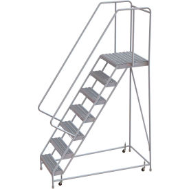 7 Step Aluminum Rolling Ladder, 16"W Grip Tread, 21"D Top Step, 32" Handrails