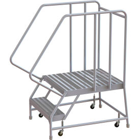 2 Step Aluminum Rolling Ladder, 16"W Ribbed Tread, 28"D Top Step, 32" Handrails