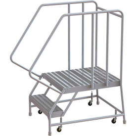2 Step Aluminum Rolling Ladder, 24"W Ribbed Tread, 28"D Top Step, 32" Handrails