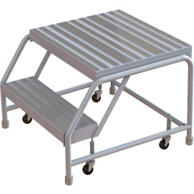 2 Step Aluminum Rolling Ladder, 16"W Ribbed Tread, 21"D Top Step, W/O Handrails