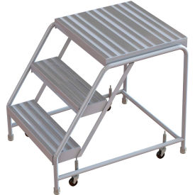 3 Step Aluminum Rolling Ladder, 16"W Ribbed Tread, 21"D Top Step, W/O Handrails