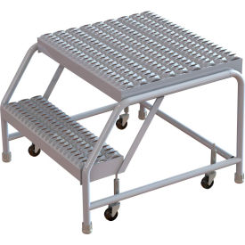 2 Step Aluminum Rolling Ladder, 16"W Grip Tread, 21"D Top Step, W/O Handrails