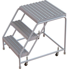 3 Step Aluminum Rolling Ladder, 16"W Grip Tread, 21"D Top Step, Without Handrails