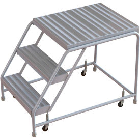 3 Step Aluminum Rolling Ladder, 16"W Ribbed Tread, 28"D Top Step, W/O Handrails