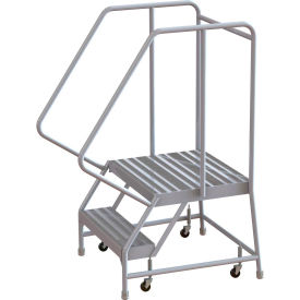 2 Step Aluminum Rolling Ladder, 24"W Ribbed Tread, 21"D Top Step, 32" Handrails - 102244-D4